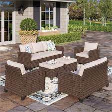 Brown Rattan Wicker 9 Seat 6 Piece Steel Outdoor Patio Conversation Set With Beige Cushions And 2 Ottomans