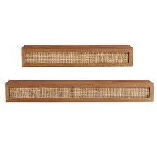 Natural Wood Floating Wall Shelves With Rattan Caning Detail Set Of 2