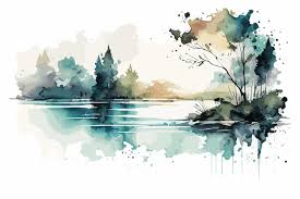 A Watercolor Painting Of A Lake With