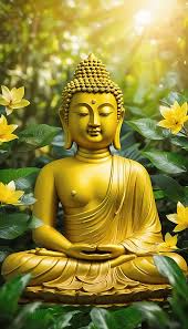 A Golden Buddha Sits In Garden With