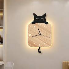 Cat Wall Clock Wood Beige 2