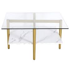 Otto 32 Wide Square Coffee Table With Faux Marble Shelf In Brass