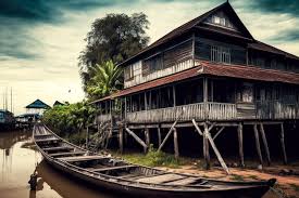 Old Wooden House On Stilts And Nearby