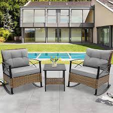3 Piece Patio Rocking Bistro Set Pe Rattan Rocking Chairs Set Of 2 And Steel Side Table Outdoor Furniture Conversation Set With Cushion For Patio