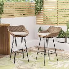 Verano Wicker And Metal Outdoor Barstools With Cushion Set Of 2 Light Brown And Beige