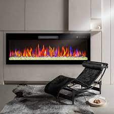 50 In Recessed Ultra Thin Tempered Glass Wall Mounted Electric Fireplace In Black With Remote And Multi Color Flame