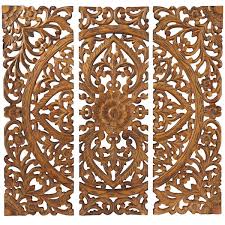 Litton Lane Wood Brown Handmade Intricately Carved Fl Wall Decor With Mandala Design Set Of 3