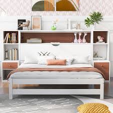 Harper Bright Designs White And Brown Wood Frame Full Size Platform Bed With Storage Headboard Shelves And Built In Nightstands