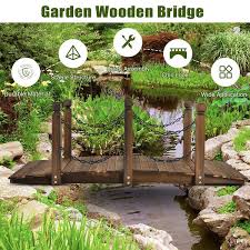 5 Ft Wooden Garden Bridge Arc Footbridge Stained Finish Walkway With Safety Rails