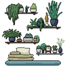 Pixel Art Set Of Isolated Plant Shelf