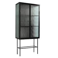 Retro Black Fluted Glass High Cabinet Storage Side Board With Dual Doors 3 Detachable Wide Shelves
