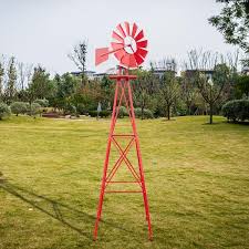 8 Ft Ornamental Windmill Backyard Garden Decoration Weather Vane With 4 Legs Design Red