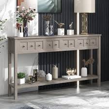 Rustic Entryway Console Table 60 Long Sofa Table With Two Drawers And Bottom Shelf For Living Room Gray Wash