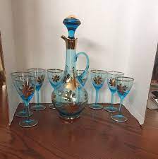 Romanian Wine Carafe Stemware Blue 22k