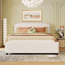 Harper Bright Designs Beige Wood Frame Queen Upholstered Platform Bed With Stud Trim Headboard And Footboard And 4 Drawers