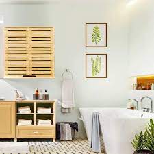 Hynawin Bamboo 2 Tier Bathroom Wall Cabinet With Adjustable Interior Double Door Cabinet For Bathroom Living Room