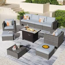 Ontario Lake Gray 10 Piece Wicker Outdoor Patio Rectangular Fire Pit Sectional Sofa Set With Gray Cushions