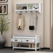 Fufu Gaga White Wooden Wall Mounted Coat Rack Set With 4 Hooks And Shoe Storage Bench With 2 Drawers