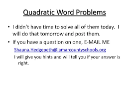 Quadratic Word Problems Powerpoint