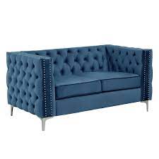 Modern 2 Piece Of Loveseat And Sofa Couch Set With Dutch Velvet Top Iron Legs In Blue