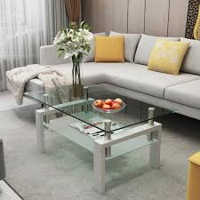 Anbazar Rectangular Coffee Table Tea Table Metal Frame 2 Tier Tempered Glass Shelves For Living Room Waiting Room White