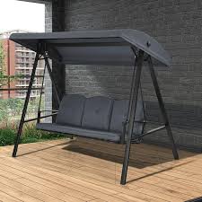 Outdoor 3 Seat Porch Swing With Adjust Canopy And Cushions Gray