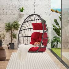 Wicker Wood Porch Swing Outdoor Indoor Garden Rattan Egg Swing Chair Hanging Chair Withred Cushions