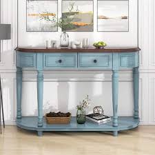 Retro 52 In Blue Curved Wood Console Table With Open Style Shelf And 2 Top Drawers