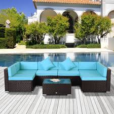 Outsunny 7 Piece Outdoor Patio Furniture Set With Modern Rattan Wicker Perfect For Garden Deck And Backyard Turquoise