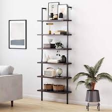 Nathan James Theo 6 Shelf Tall Bookcase Wall Mount Bookshelf Wood With Metal Frame Nutmeg Matte Black