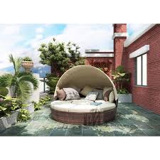 Brown 5 Pieces Wicker Outdoor Sectional Set With Beige Cushion Separate Seating Round Outdoor Daybed Sunbed