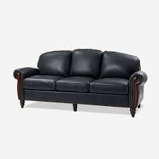Edmund 84 In Rolled Arm Genuine Leather Rectangle Carved Solid Wood Legs Sofa In Navy