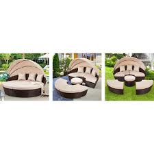 Runesay Wicker Outdoor Day Bed Rattan Sectional Round Sofa Clearance With Beige Cushions Retractable Canopy