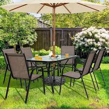 Angeles Home 55 In L Metal Outdoor Dining Table With Umbrella Hole Tempered Glass Table Top