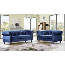 Louis Dark Blue Velvet Nailhead Living Room Set Sofa And Loveseat