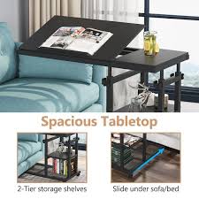 31 5 In Mobile Black Height Adjustable C Shaped Table Particle Board End Table With Wheels And Storage Shelves