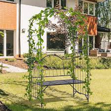 Outsunny Outdoor Garden Arbor Arch Steel Metal With Bench Seat Black