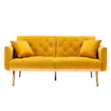 Homefun 63 7 In Wide Mustard Yellow Velvet Upholstered 2 Seater Convertible Sofa Bed With Golden Metal Legs Size 30 70 H X 63 77 W X 31 49 D