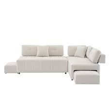 91 73 In W Rectangle Armless Chenille Upholstered L Shaped Sectional Sofa In Biege With 2 Stools And 2 Lumbar Pillows