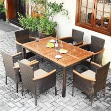 Costway 7 Piece Patio Rattan Dining Set Armrest Cushioned Chair Wooden Tabletop Brown