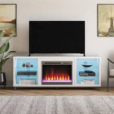 Ameriwood Home Cleavland 64 75 In Freestanding Electric Fireplace Tv Stand In White Plaster