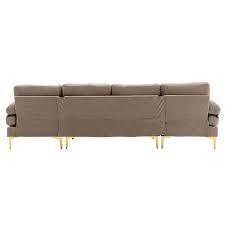 110 In Square Arm 3 Piece Velvet U Shaped Sectional Sofa In Camel With Chaise