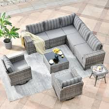 Crater Grey 9 Piece Wicker Wide Plus Arm Patio Conversation Sofa Set With Swivel Rocking Chairs And Stripe Grey Cushions