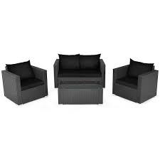 Gymax 4pcs Rattan Patio Conversation Set Outdoor Furniture Set W Black Cushions