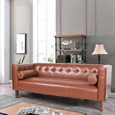 77 5 In W Square Arms Polyurethane Faux Leather Nailhead Decorated 3 Seater Straight Sofa With 2 Pillow In Brown