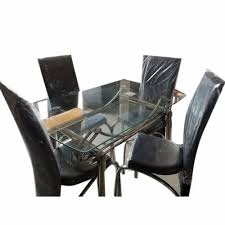 4 Seater Glass Top Ss Dining Table Set