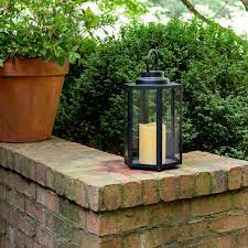 Lamp Outdoor Solar Flameless Candle Lantern 14 Inch Glass Panels Matte Black Metal Frame Waterproof Battery Included Hanging Decorative