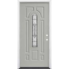 Masonite 36 In X 80 In Providence Center Arch Silver Cloud Left Hand Inswing Painted Steel Prehung Front Door With Brickmold