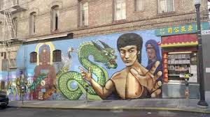 Gimbal Shot Of A Mural Of Bruce Lee And