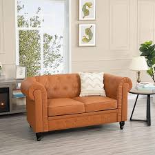 Caramel Chesterfield Love Seat With Rolled Arms Tufted Cushions 2 Seater Sectional Sofa Couch For Small Spaces